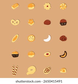 Collection of various colorful sweet treats, including cookies, cakes, pastries, and biscuits, presented in an appealing grid pattern. Each treat is depicted in a simple, cartoonish, and flat style. 