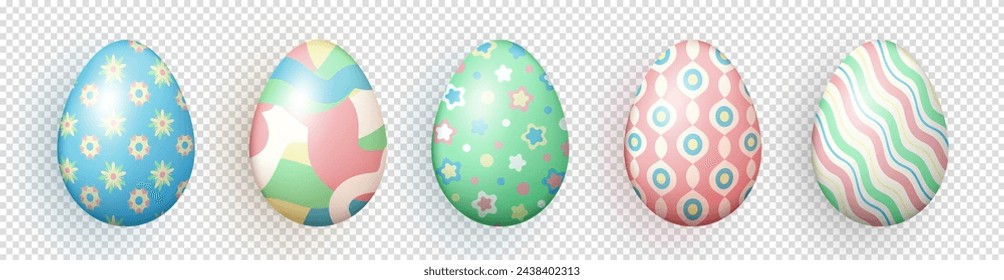 Collection of various colorful three dimensional Easter eggs on transparent background. Realistic 3d multicolored eggs with different patterns as a decoration for Easter holiday