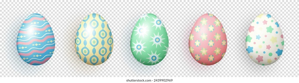 Collection of various colorful three dimensional Easter eggs on transparent background. Realistic 3d multicolored eggs with different patterns as a decoration for Easter holiday