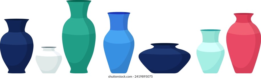 Collection of various colorful vases in flat design. Set of classic and modern vases for interior decoration vector illustration.