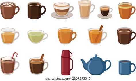 Collection of various colorful vector illustration designs featuring hot drinks like coffee tea cocoa and herbal infusions in ceramic cups