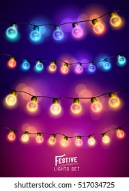 A collection of various colourful and festive fairy lights. Vector illustration