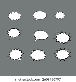A collection of various comic book speech bubbles in black and white.