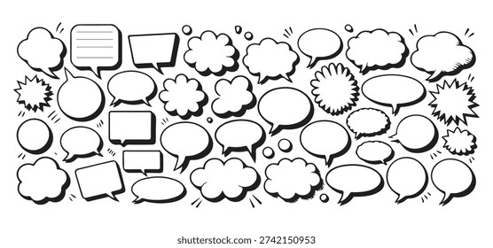 Collection of various comic speech bubbles and thought clouds in black and white, different shapes and sizes.