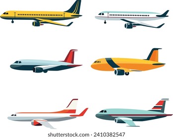 Collection of various commercial passenger airplanes in flight and on ground. Side view of different airlines and airplane models. Air travel and transportation vector illustration.