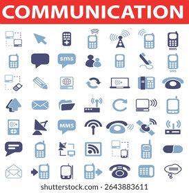 Colección de varios íconos de comunicación que representan la tecnología y los símbolos de intercambio de información EPS Arte vectorial