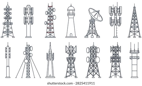 Collection of various communication towers, including lattice towers, guyed masts, and lighthouse-style structures with antennas and dishes. Modern technology.