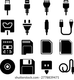 Collection of various computer connectors cables memory cards and storage devices icons set