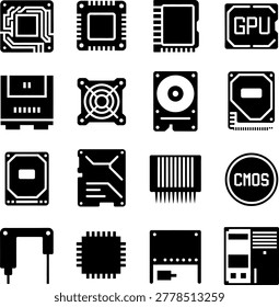 Collection of Various Computer Hardware Components Illustrated in Minimalist Black and White Vector Icons