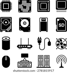 Collection of various computer hardware and technology icons featuring processors memory and accessories