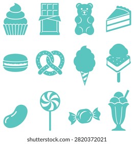 A collection of various confectionery and dessert items presented as simple flat icons for culinary projects or menu design layouts.