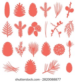 Collection of various conifer tree branches and pine cones in a simple silhouette style for botanical projects or seasonal nature graphics