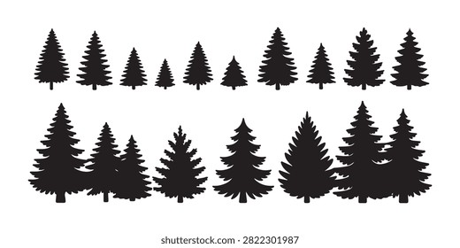 Collection of various conifer tree shapes isolated design element for nature landscape graphics art.