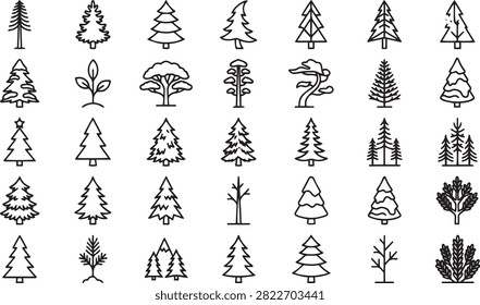Collection of various conifer tree silhouettes. simple black linear pine icons. forest and nature symbols.