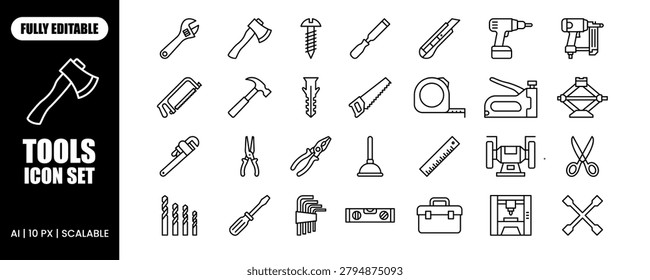 Collection of various construction, repair, and DIY tools icons. Linear style vector illustrations for hardware store, workshop, or maintenance concept.