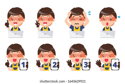 Colección de varios trabajadores de la construcción.
Establecer al trabajador de la construcción, personaje de caricatura sosteniendo un paso para el smartphone. expresión facial. Ilustración vectorial.