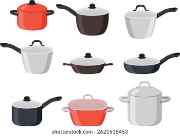 Collection of various cooking pots and pans, Frying pans and saucepans cartoon illustration set. Met