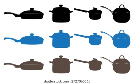 Colección de varias ollas y sartenes en diferentes colores para artículos esenciales de cocina