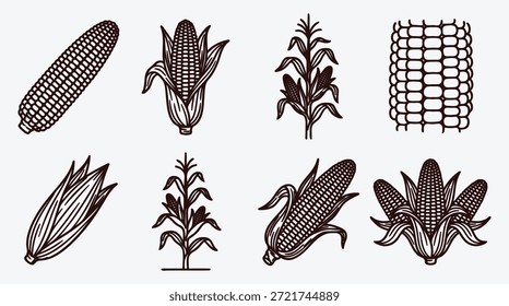 Una colección de varias ilustraciones de plantas de maíz y maíz en un estilo de arte de línea marrón