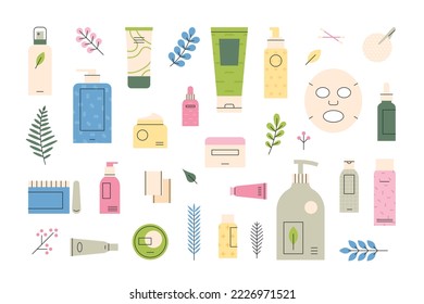 A collection of various cosmetic products. Cosmetic containers such as pumps and spray creams. flat vector illustration.