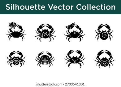Eine Sammlung verschiedener Krabbensilhouetten im Vektorformat, perfekt für Designs, Logos und Illustrationen zum Thema Meer.