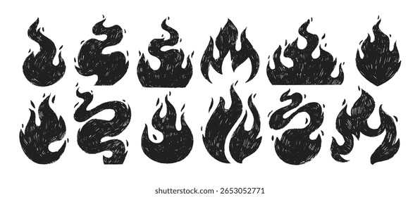 Coleção de vários crayon atraiu chamas de fogo. Ilustração de rabiscar vetor com textura de lápis. Elementos de chama quentes estirados à mão. Esboços de fogueira, punk ou símbolos de estilo rock.