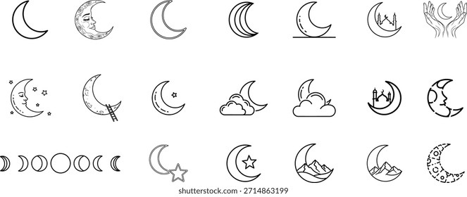 Una colección de varias ilustraciones de la luna creciente y garabatos
