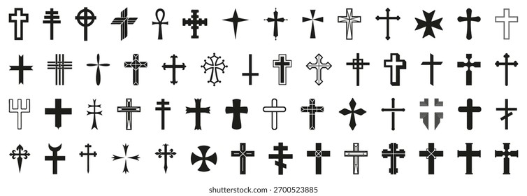 Coleção de várias formas cruzadas em estilo de silhueta preta minimalista. Cada símbolo representa fé e significado espiritual. Perfeito para projetos religiosos e temas de arte sagrada