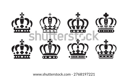Collection of various crown designs with cross and jewel accents, representing monarchy, authority, and power.