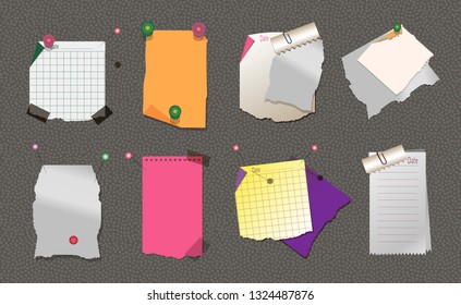 Collection of various crumpled note papers with curled corner and adhesive tape, buttons and pins, ready for your message. Isolated background.