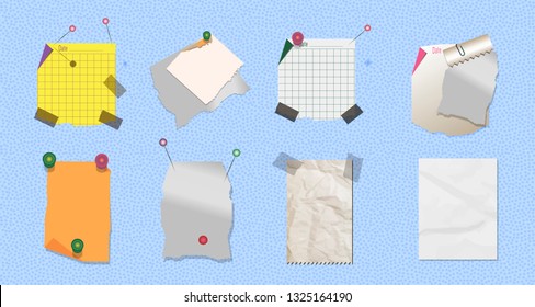 Collection of various crumpled note papers with curled corner and adhesive tape, buttons and pins, ready for your message. Isolated background.