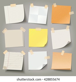 Collection of various crumpled note papers with curled corner and adhesive tape, ready for your message. Vector illustration. Isolated background. Front view. Top view. Close up.