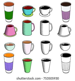 Collection of various cups isolated on white background. Vector illustration.