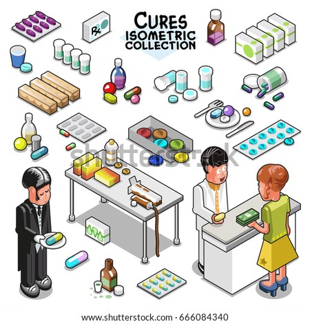 Collection of various cures, pills, drops and pellets, including a pharmacist selling medicine to a lady paying cash (isometric items collection)