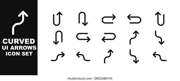 A collection of various curved arrow icons for user interface design, featuring U-turns, S-curves, and directional arrows in a clean, minimalist line style.