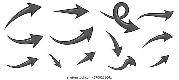 Collection of various curved arrows pointing in different directions isolated on white background