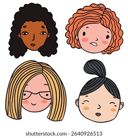 Collection of various Cute abstract girl face Characters, avatars. Different icons. Hand drawn trendy Vector Illustrations. Cartoon style. Flat design. All elements are isolated