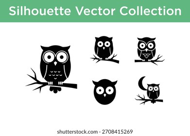Uma coleção de várias silhuetas coruja bonito em poses diferentes, perfeito para projetos de design gráfico e ilustrações.