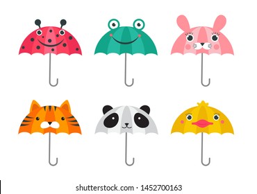 Collection of various cute umbrellas with animals faces design. Panda, frog, ladybug, tiger and chick funny faces.