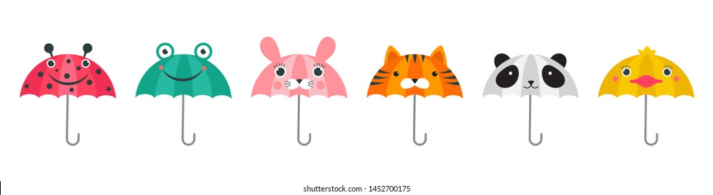 Collection of various cute umbrellas with animals faces design. Panda, frog, ladybug, tiger and chick funny faces.