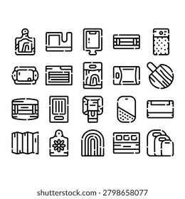 Collection of various cutting boards, kitchen accessories, and food preparation tools presented as outline icons, illustrating different shapes, materials, and functional designs for culinary use