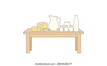Collection of various dairy products including cheese wheels, butter, a pitcher, and milk jars arranged on a simple wooden table.