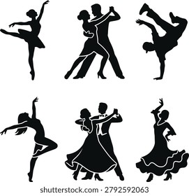 Collection of various dance silhouettes including ballet dancers ballroom couples and street style performers in black.