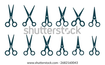 Collection of various dark teal scissors icons arranged in two rows on a white background