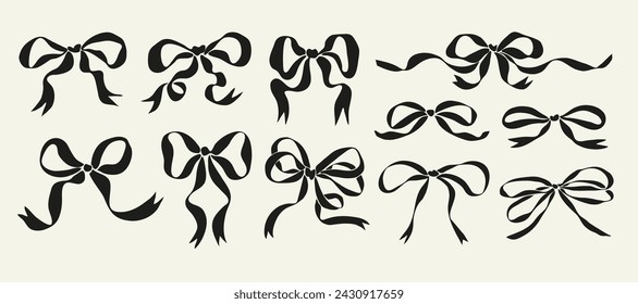 Collection of various Decorative black bow. Wedding celebration, holiday, party decoration, gift, present concept