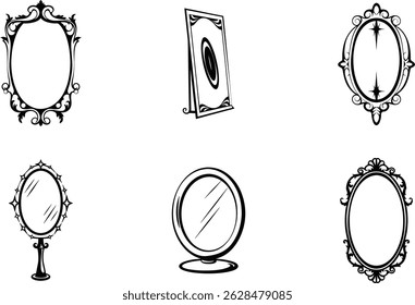 Collection of various decorative black and white mirror frame vector illustrations