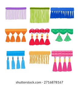 Collection of various decorative fabric trims, featuring colorful fringes and tassels in different styles and textures, used for textile adornment and home decoration