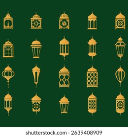 Collection of various decorative lanterns with intricate patterns, displayed against a dark green background.  The lanterns are rendered in a gold yellow color 