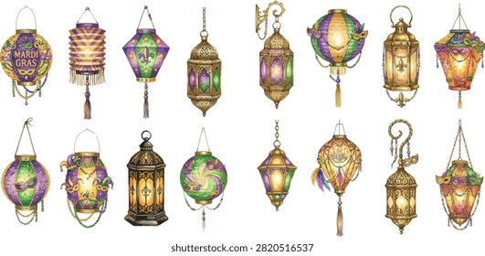 A collection of various decorative Mardi Gras themed lanterns, featuring intricate designs, masks, beads, and vibrant colors like purple, green, and gold, illuminated against a white background.