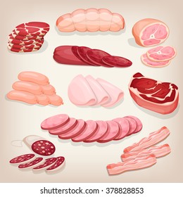 Collection of various delicious meat products. Set of different butchery meat including salami, prosciutto, pepperoni, ham, bacon and sausages. Cartoon style icon. Restaurant menu illustration. 